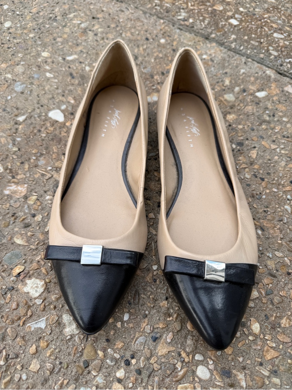 Women's Beige and Black Pointed Toe Ballet Flats with Bow Accent